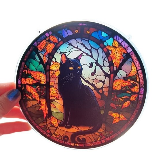 Halloween Black Cat Suncatcher Ornament Stained Glass Look Plastic Window Decor - Picture 1 of 4